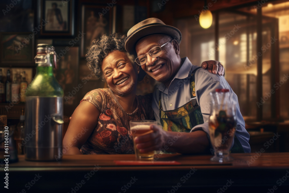 Portrait of happy couple of seniors sitting in bar with drinks. Generative AI.
