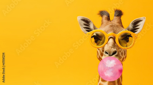 Cute giraffe with bubblegum in trendy yellow sunglasses, isolated on yellow background with copyspace. Generative AI