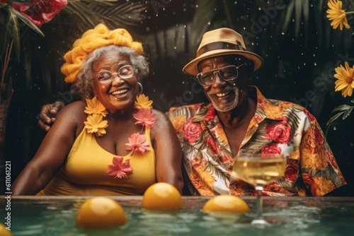 Happy elderly couple having fun in swimming pool traveling in tropical asian country. Generative AI.