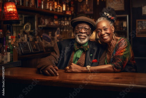 Portrait of elderly couple in bar. Generative AI.