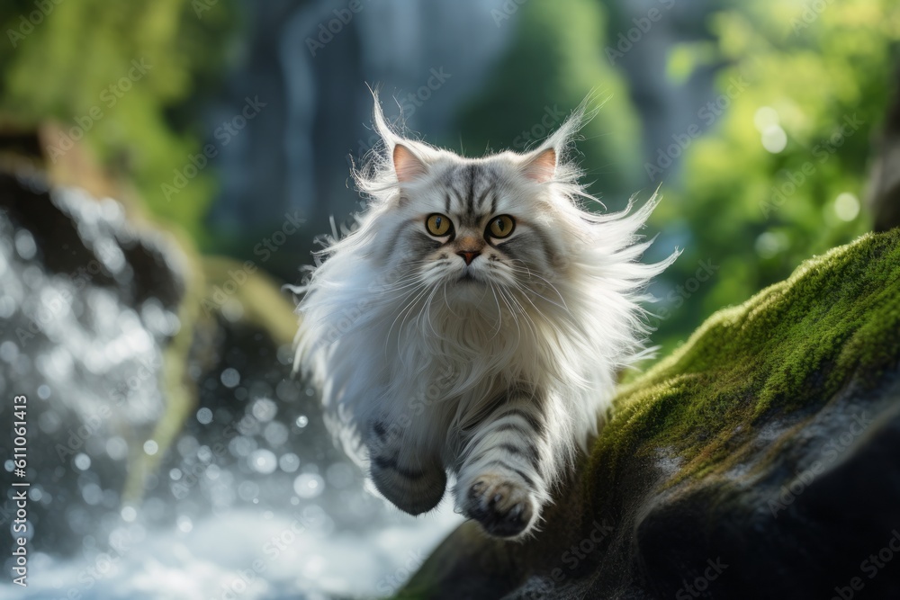 Lifestyle portrait photography of a smiling persian cat running against a majestic waterfall. With generative AI technology