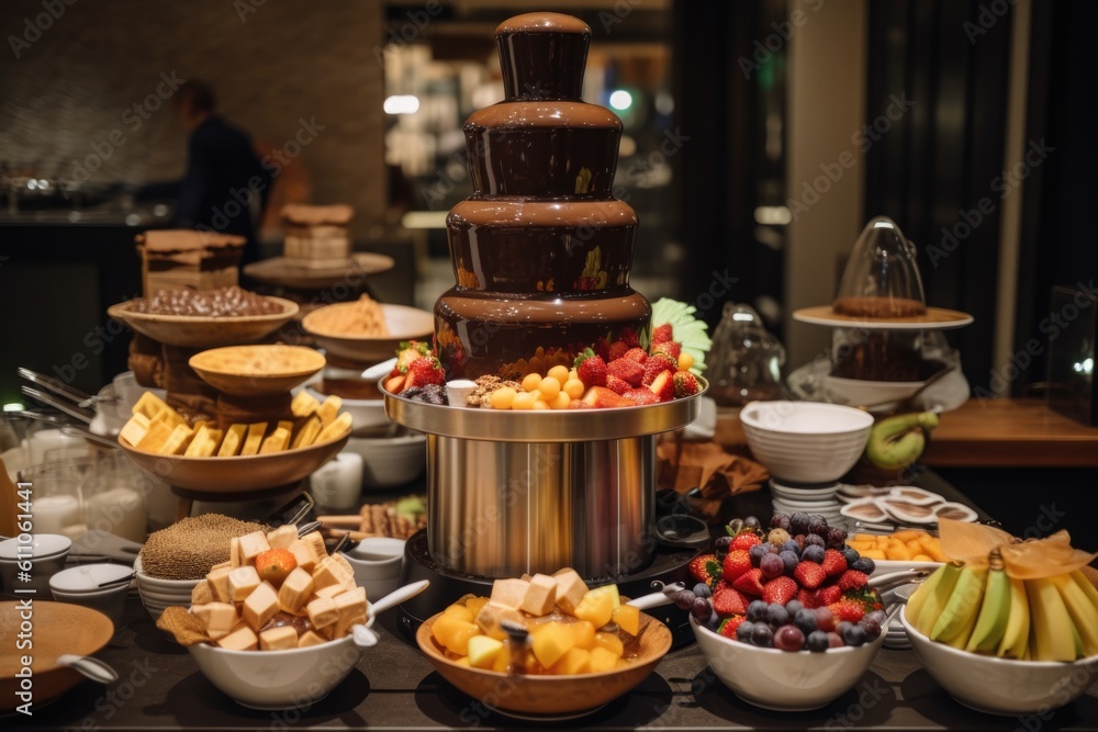 chocolate fountain with warm chocolate flowing, surrounded by plates of fruit and pastries for dipping, created with generative ai