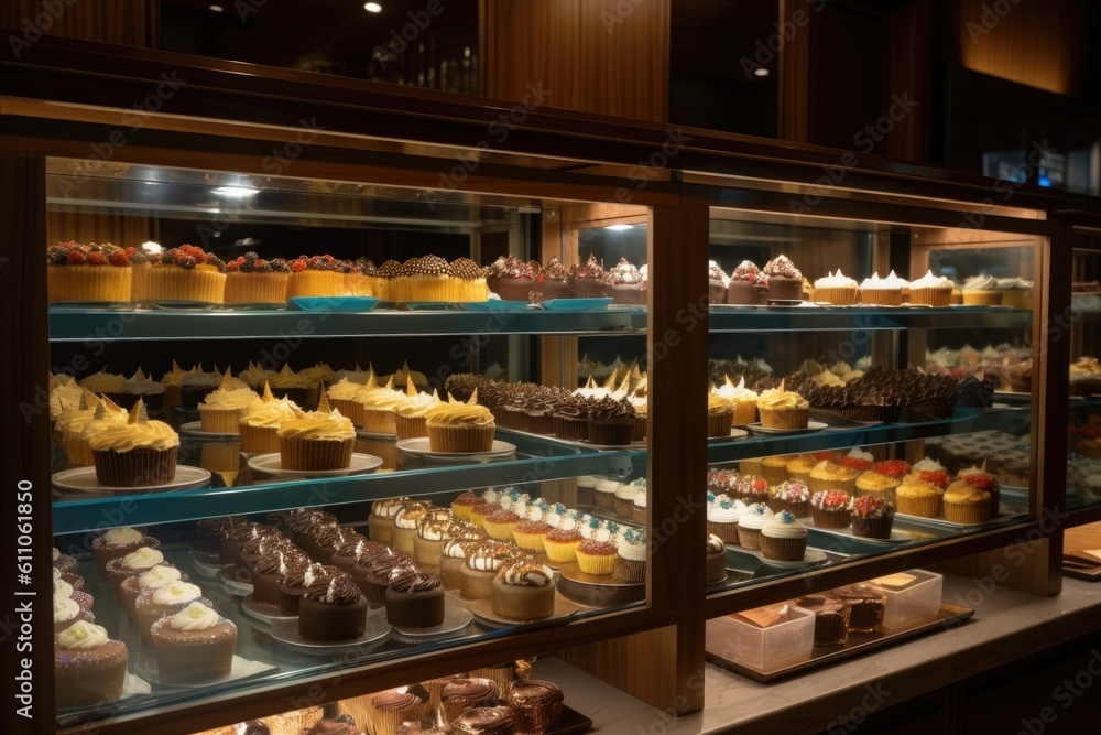 display of classic and gourmet cupcakes at bakery, with glass displays and wooden shelves, created with generative ai