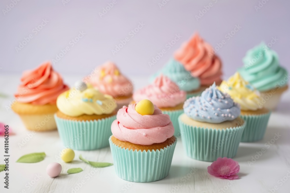 colorful and pastel cupcakes for springtime or baby shower, created with generative ai