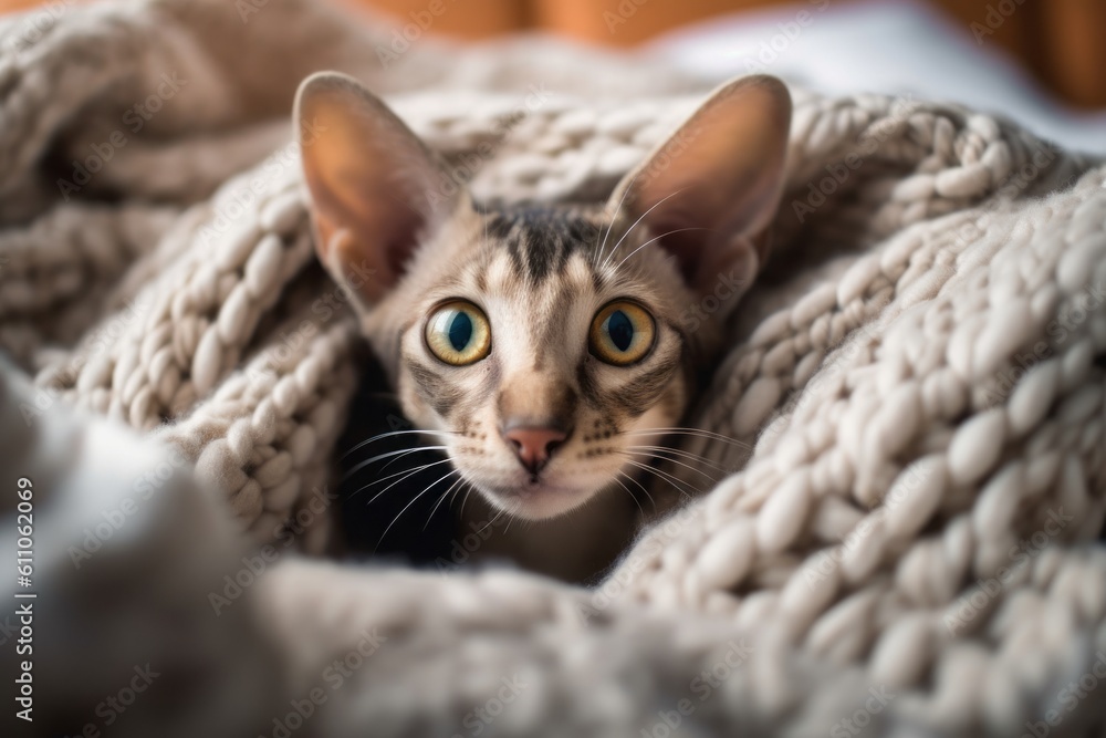 Lifestyle portrait photography of a cute oriental shorthair cat sprinting against a cozy blanket. With generative AI technology