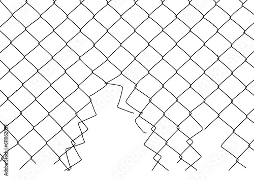 The texture of the metal mesh. Torn, destroyed, broken metal mesh on a white background. Grid