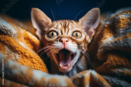 Environmental portrait photography of a tired devon rex cat growling against a cozy blanket. With generative AI technology © Markus Schröder