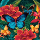 Two big butterflies and flowers in beautiful tropical areas. Generative AI. 