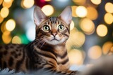 Medium shot portrait photography of a curious bengal cat eating against a festive holiday scene. With generative AI technology