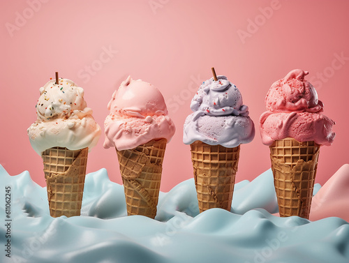 illustrazione di coni gelato in serie, fila di coni gelato gustosi, diversi gusti, sfondo neutro, concetto di estate, creata con intelligenza artificiale, photo