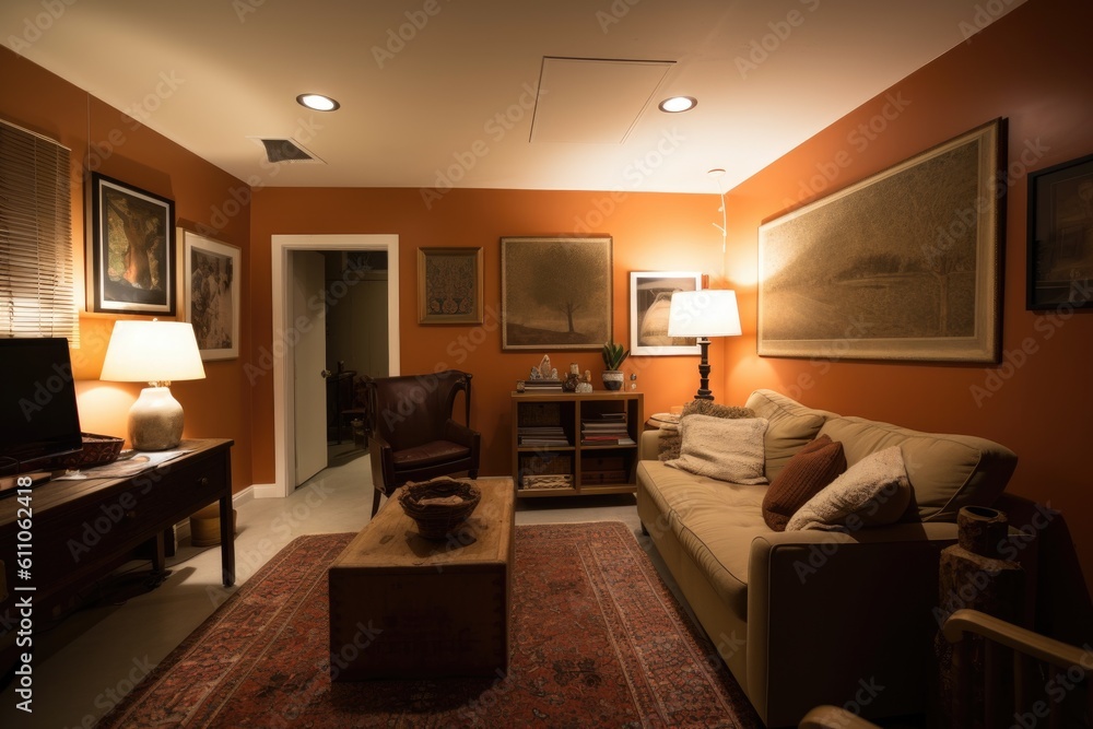 Fototapeta premium clutter-free living room, with cozy furniture and warm lighting, perfect for relaxing or entertaining, created with generative ai