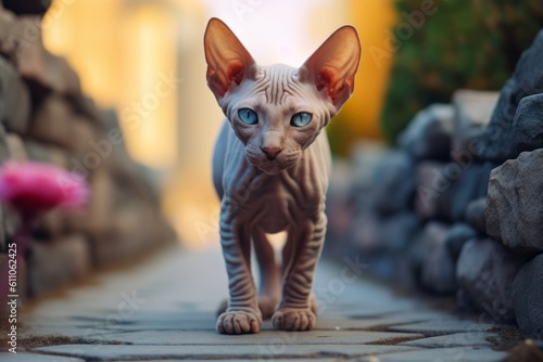 Environmental portrait photography of a cute sphynx cat tail wagging against a quaint cobblestone path. With generative AI technology