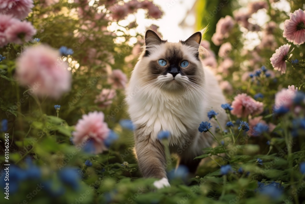 Full-length portrait photography of a smiling ragdoll cat exploring against a lush flowerbed. With generative AI technology
