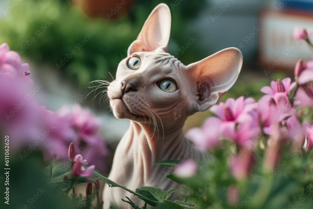 Close-up portrait photography of a smiling sphynx cat exploring against a lush flowerbed. With generative AI technology