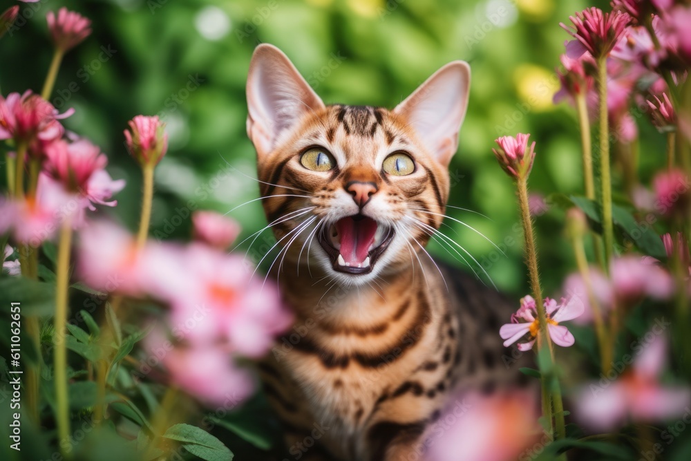 Fototapeta premium Medium shot portrait photography of a smiling bengal cat playing against a lush flowerbed. With generative AI technology