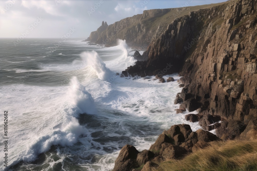 coathwith jagged cliffs and crashing waves against the shore, created with generative ai