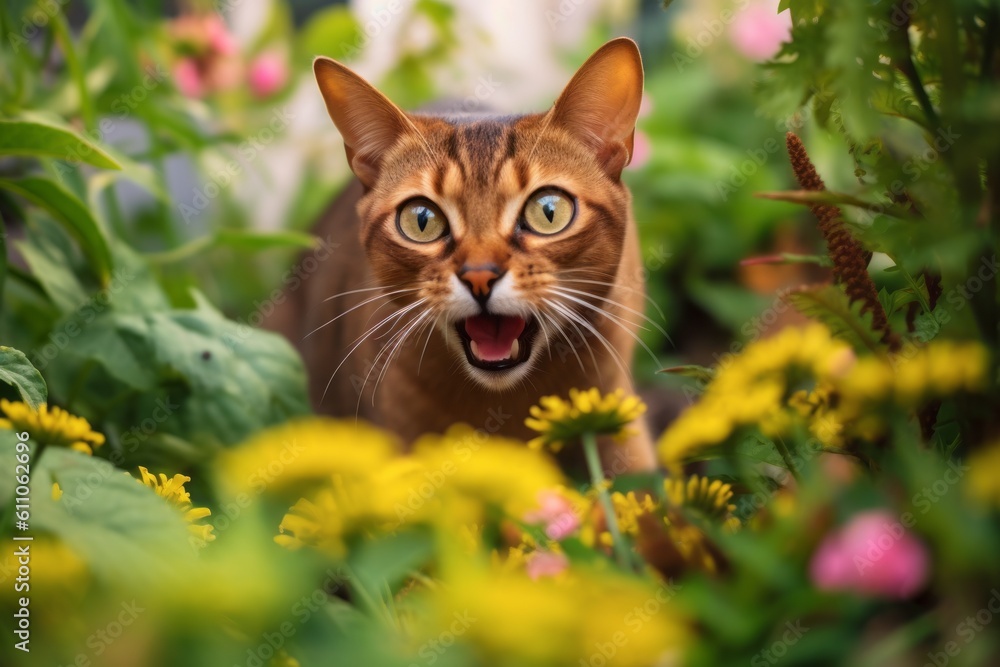 Fototapeta premium Full-length portrait photography of a cute abyssinian cat growling against a lush flowerbed. With generative AI technology