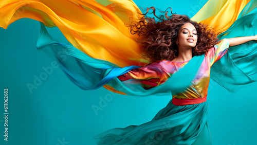 woman caught mid-spin, her arms laden with bright, multicolored scarves flying around her, summer vibe, Generative AI