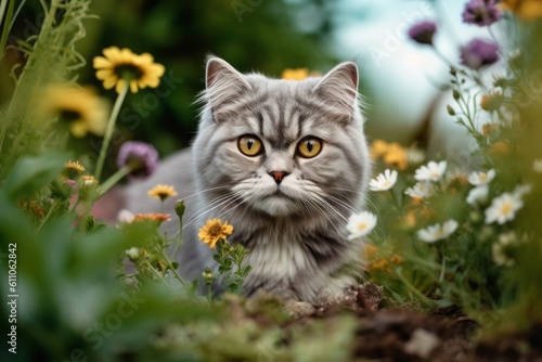 Medium shot portrait photography of a curious selkirk rex cat exploring against a lush flowerbed. With generative AI technology