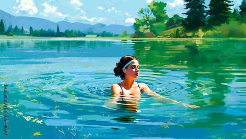 young woman enjoys a refreshing swim in a cool lake on a hot summer day, summer vibe, Generative AI