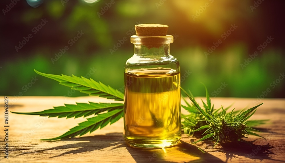 CBD oil close up with hemp leaves CBD oil close up with hemp leaves