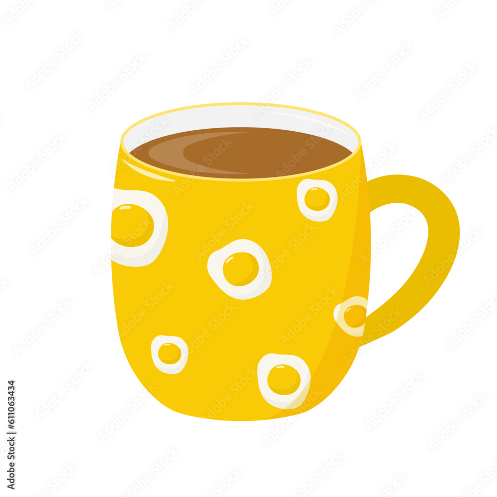 Cute yellow coffee mug with egg pattern. Vector illustration in flat style. Isolated on white background. Cute yellow coffee mug with egg pattern. Vector illustration in flat style. Isolated on white background.