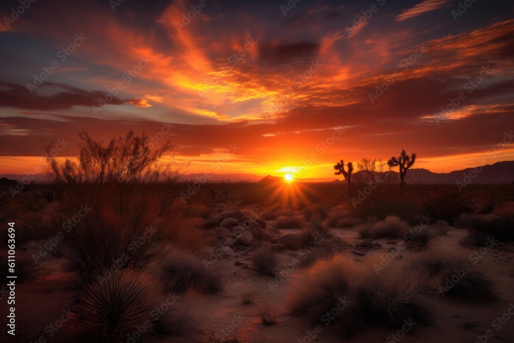 desert sunset, with sun peeking over the horizon and painting the sky in vibrant colors, created with generative ai