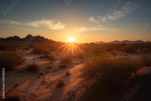 desert sunrise, with the sun peeking over the horizon and casting a warm glow on the landscape, created with generative ai