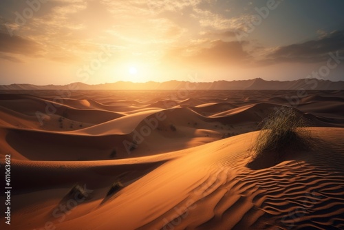 desert with towering dunes and the sun setting in the background, created with generative ai