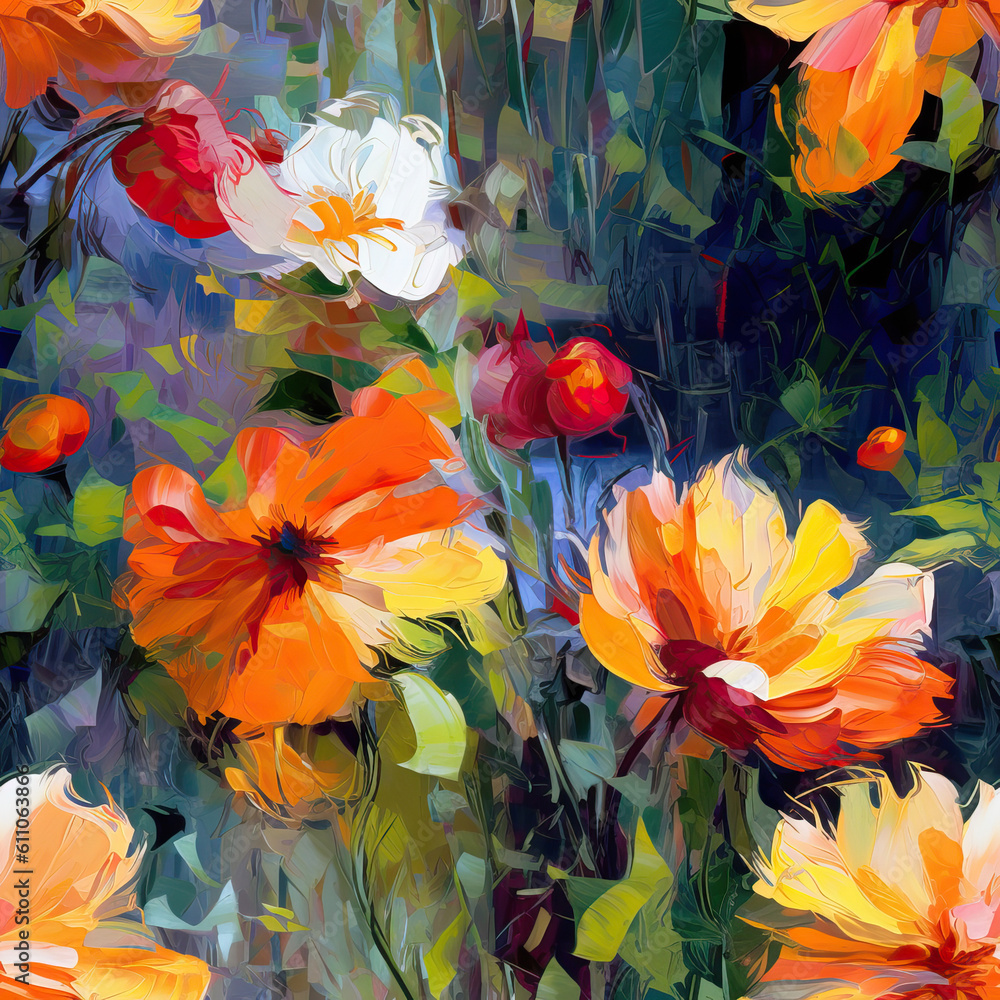 Flowers oil painting seamless repeat pattern, colorful, impressionism [Generative AI]
 - obrazy, fototapety, plakaty 