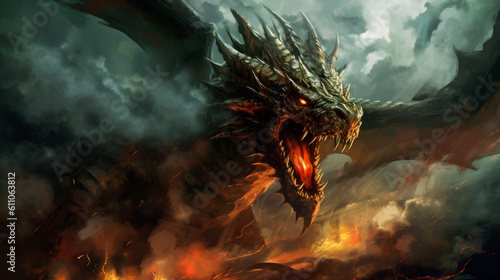 A dragon in battle with fierce eyes and bared teeth amidst a stormy sky. Generative AI technology.