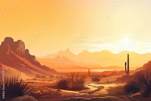 majestic desert landscape, with sunset sky and warm tones, created with generative ai