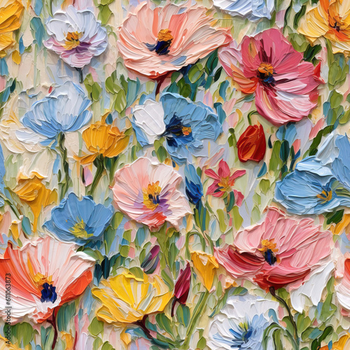 Flowers oil painting seamless repeat pattern, colorful, impressionism [Generative AI]
