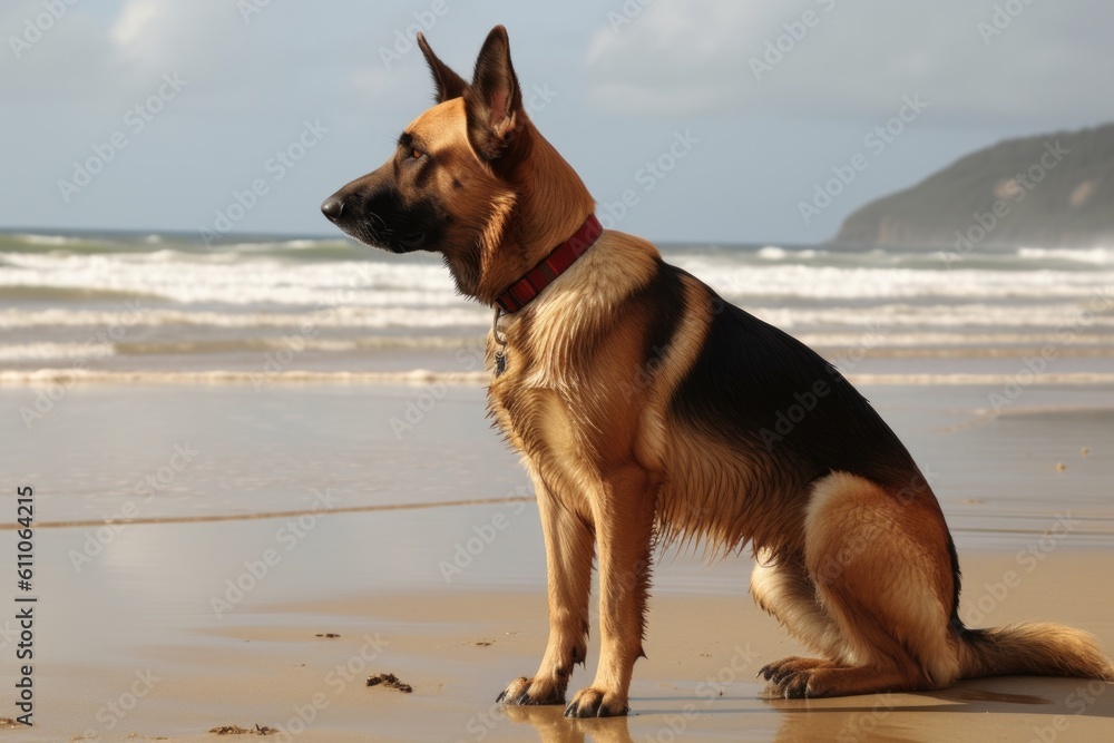 dog patrolling the beach, keeping watch for any potential dangers, created with generative ai