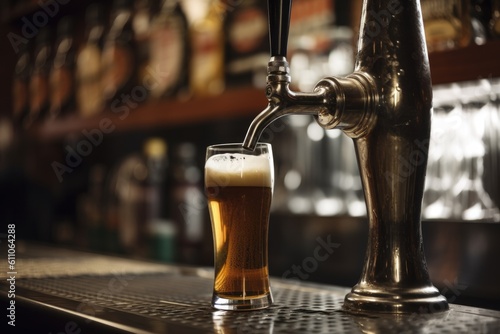 draught beer tap, with the fresh and foamy brew flowing into a glass, created with generative ai photo