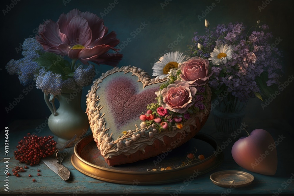 a heart-shaped cake surrounded by a beautiful flower arrangement, created with generative ai