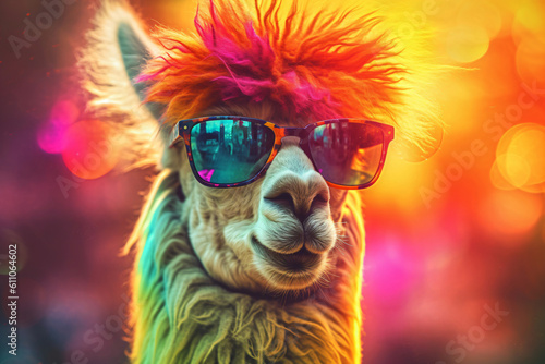 colorful portrait of a crazy alpaca with glasses, generative ai