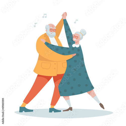 Traditional elderly couple dancing to music together. Smiling senior man and woman dance, active old grandfather and grandmother dancers on date. Cartoon flat Vector hand drawn illustration.