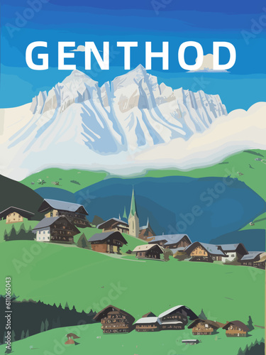 Genthod: Retro tourism poster with a Swiss landscape and the headline Genthod in Genève photo