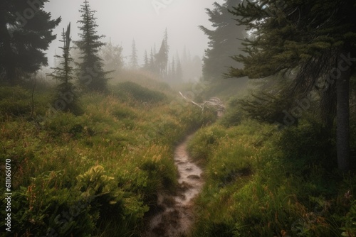 hiking trail with beautiful views of a misty forest, created with generative ai