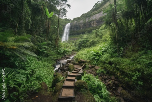hiking trail with view of cascading waterfall and lush greenery  created with generative ai