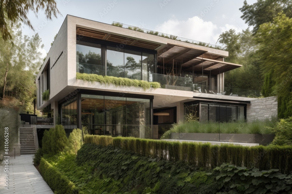 modern home surrounded by lush greenery and natural landscape, created with generative ai