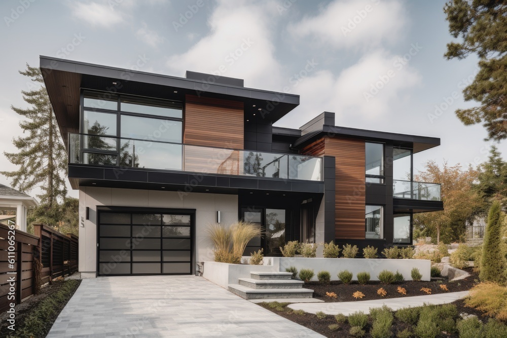 contemporary home exterior with sleek lines, bold colors and minimalist details, created with generative ai