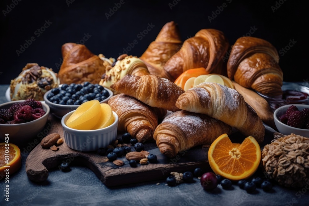 homemade croissants and pastries platter, ready for breakfast or brunch, created with generative ai homemade croissants and pastries platter, ready for breakfast or brunch, created with generative ai