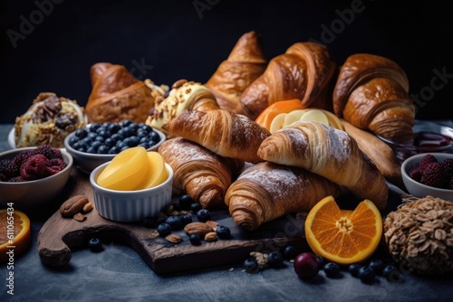 homemade croissants and pastries platter, ready for breakfast or brunch, created with generative ai