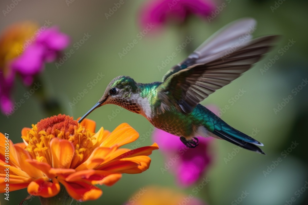 hummingbird hovering while feeding from colorful flower, created with generative ai hummingbird hovering while feeding from colorful flower, created with generative ai
