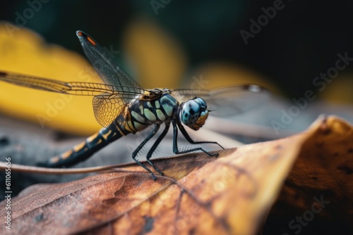 macro shot of dragonfly resting on leaf, created with generative ai © altitudevisual