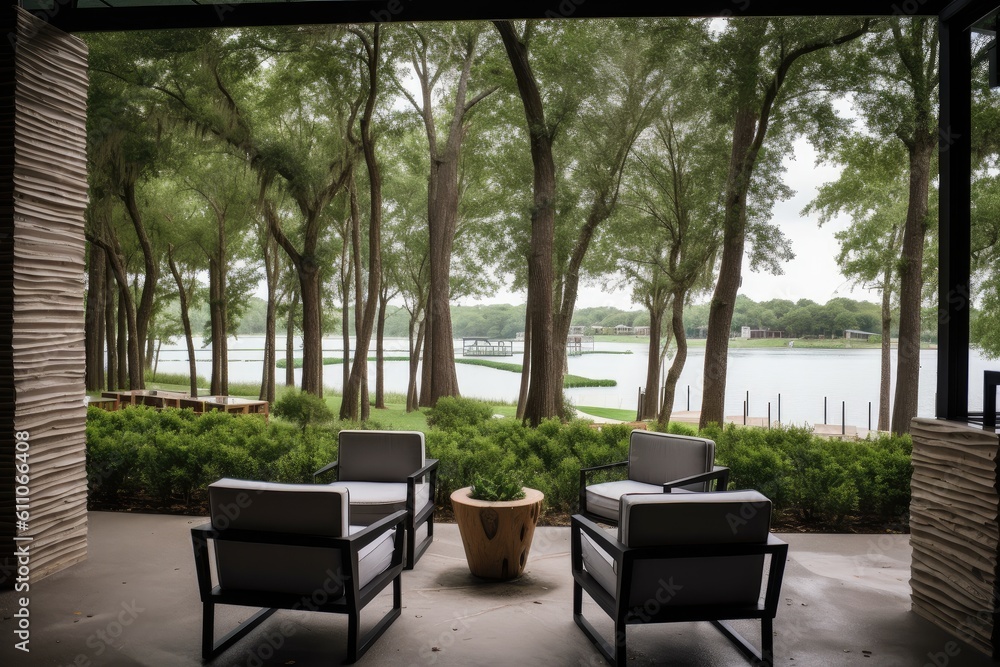 cozy seating area surrounded by greenery, with a view of the lake, created with generative ai
