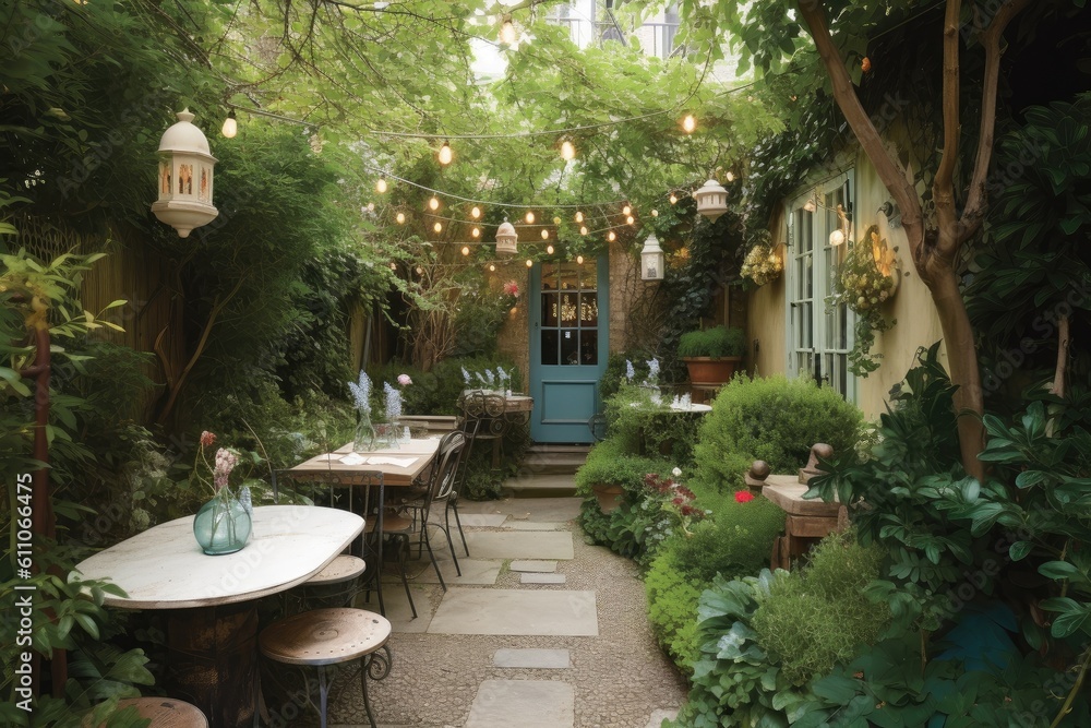 Fototapeta premium a lush garden with bistro-style seating and lanterns, created with generative ai