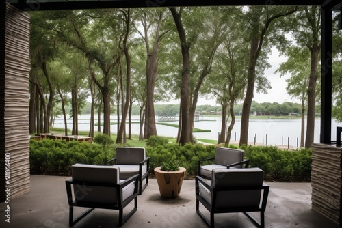 cozy seating area surrounded by greenery, with a view of the lake, created with generative ai